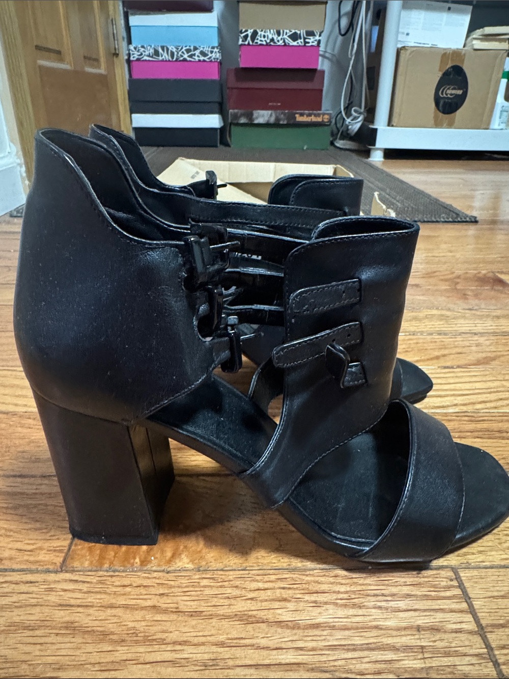 Zara Black Leather Open-Ankle Heeled Sandals